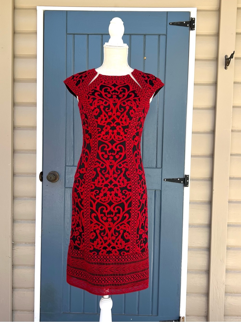 Tadashi Shoji Cap sleeve crewel embroidery on tulle cocktail dress Women Size 2